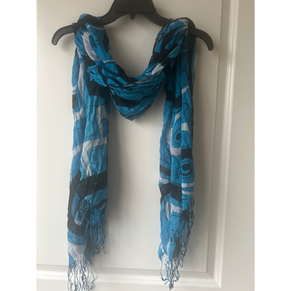 Native Northwest Indigenous Art Viscose Scarf Blue Black Fringe Wrap CA 35592